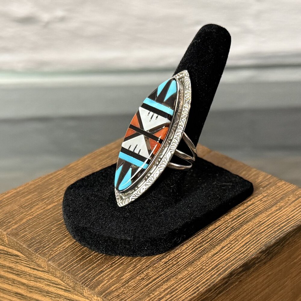 Leslie & Gladys Lamy Sterling, Turquoise, Onyx, Coral and MOP Inlay Ring, Size 7